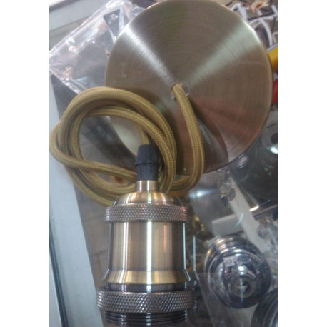 Colgante armado 1 metro, con cable textil bronce, soquete metal envejecido E27 y baldaquín envejecido